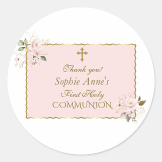 Sticker Rond Charm Blush Pink Floral Gold First Holy Communion
