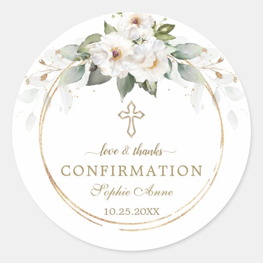 Sticker Rond Charm Wild White Roses Gold Cross Confirmation (Devant)