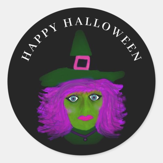 Sticker Rond Charmant Glam Halloween Sorcière Noir Violet (Devant)