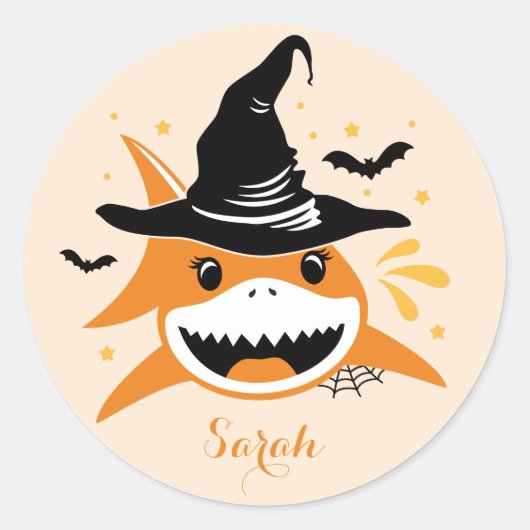 Sticker Rond Charmant Requin Sorcière d'Halloween Nom Personnal (Devant)