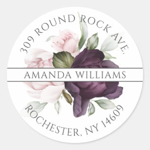 Sticker Rond Charme botanique rose et prune Adresse de retour