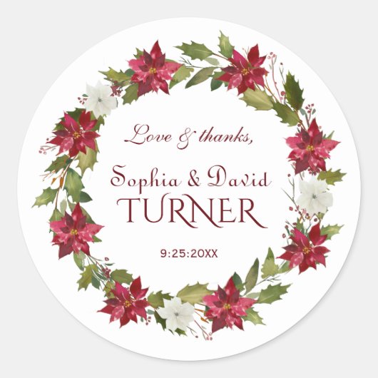 Sticker Rond Charme Noël Rouge Blanc Poinsettia Mariage (Devant)