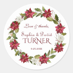 Sticker Rond Charme Noël Rouge Blanc Poinsettia Mariage