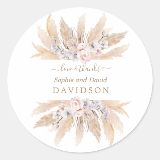 Sticker Rond Charme Roses Blanches Pampas Mariage en herbe (Devant)
