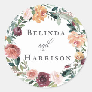 Sticker Rond Charme rustique Bourgogne Blush rose Mariage Flora