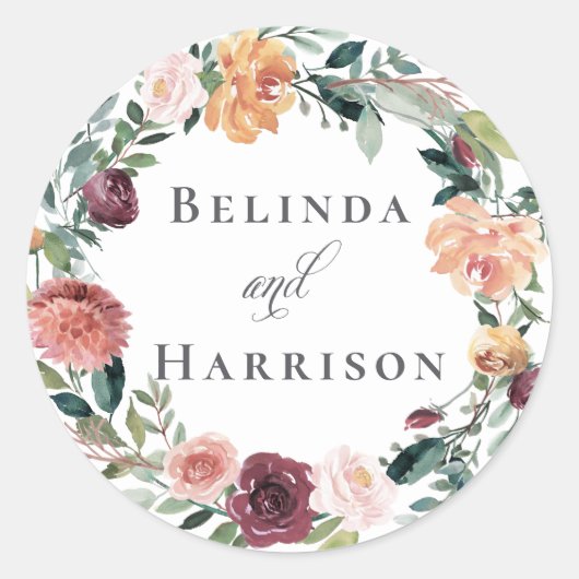 Sticker Rond Charme rustique Bourgogne Blush rose Mariage Flora (Devant)