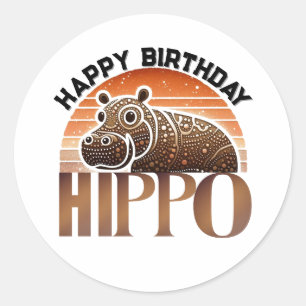 Sticker Rond Charme Rustique Hippopotame Joyeux Anniversaire