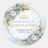 Sticker Rond Charming Dusty Blue Gold Greenery Quinceañera  (Devant)