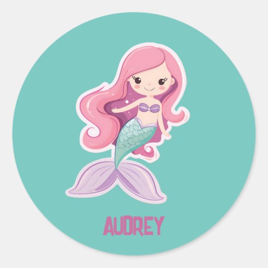 Sticker Rond Charming magret Pastel Mermaid avec nom enfant (Devant)