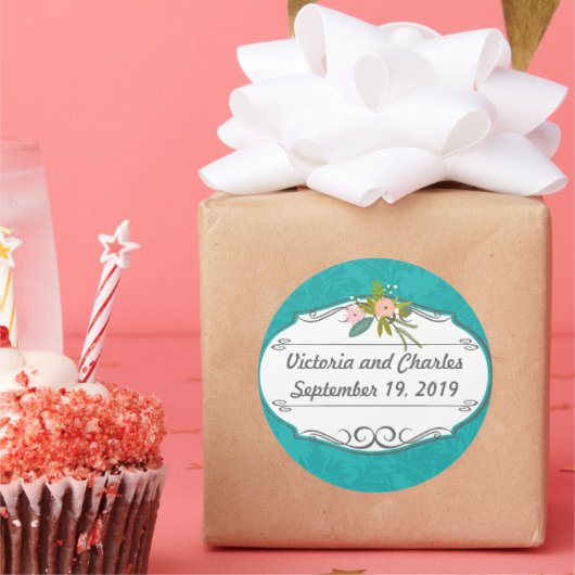 Sticker Rond Chartreuse moderne Turquoise Mariage damassé (Fête)