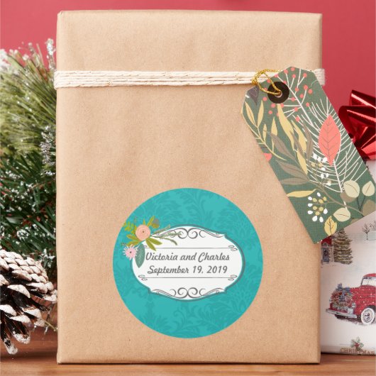 Sticker Rond Chartreuse moderne Turquoise Mariage damassé (vacances)