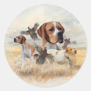 Sticker Rond Chasse au Faisan avec un Pointer Anglais