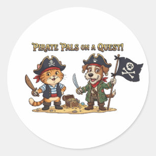 Sticker Rond Chasse au trésor de chat et chien pirate mignons