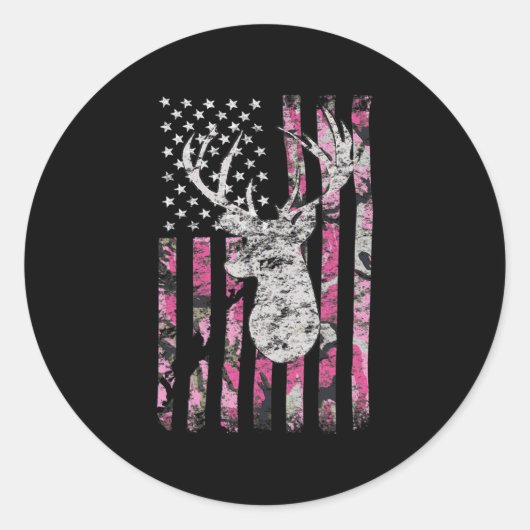 Sticker Rond Chasse aux cerfs Camo Drapeau américain Pink Buck (Devant)