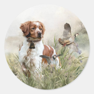 Sticker Rond Chasse avec un chien breton, Art