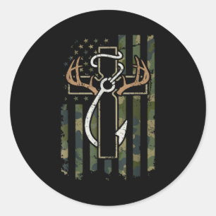 Sticker Rond Chasse Pêche Foi Bois de Cerf Croix Hameçon Chri