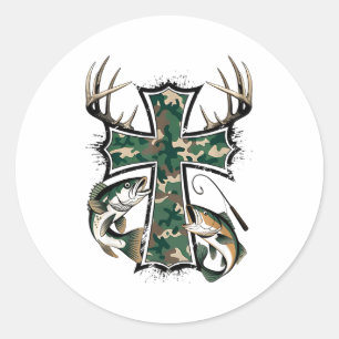 Sticker Rond Chasse Pêche Foi - Chasseur Pêcheur Chrétien