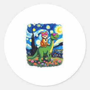 Sticker Rond Chat à cheval sur un dinosaure T-Rex Nuit étoilée
