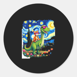 Sticker Rond Chat à cheval sur un dinosaure T-Rex Nuit étoilée