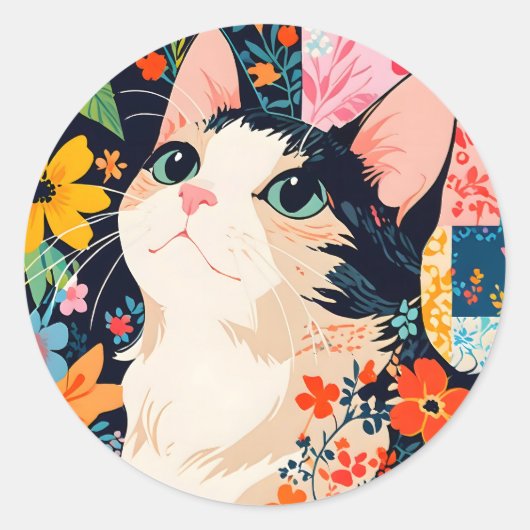 Sticker Rond Chat à écailles florales (Devant)