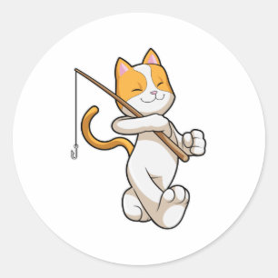 Sticker Rond Chat à la pêche avec bâton de pêche