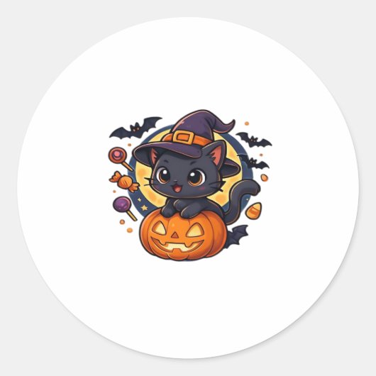 Sticker Rond Chat à sorcière sur Citrouille - Halloween Art Ove (Devant)