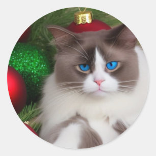Sticker Rond chat aime noël arbre plaisir