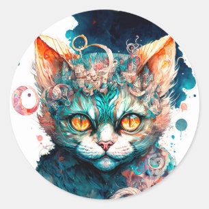 Sticker Rond Chat aquarelle en style steampunk