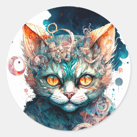 Sticker Rond Chat aquarelle en style steampunk (Devant)