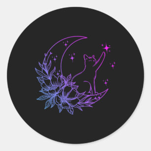 Sticker Rond Chat Assis Sur Crescent Lune Fleurs Étoiles Femmes