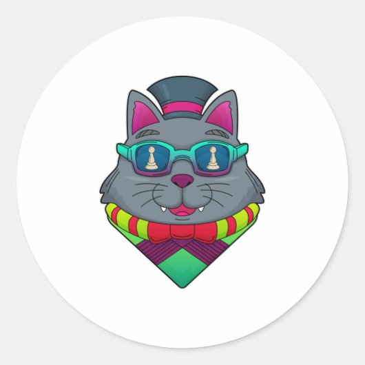 Sticker Rond Chat aux échecs avec pièce d'échecs Pawn (Devant)