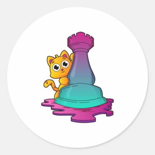 Sticker Rond Chat aux échecs avec pièce d'échecs Roche (Devant)