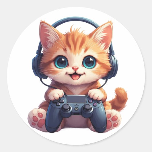 Sticker Rond Chat avec casque audio et manette de jeu (Devant)
