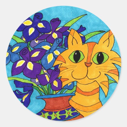 Sticker Rond Chat avec Irises à Talavera Vase (Devant)