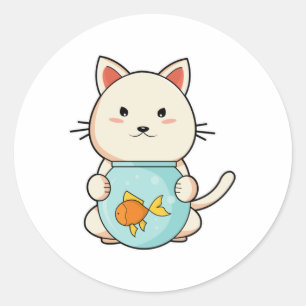 Sticker Rond Chat avec poisson en verre