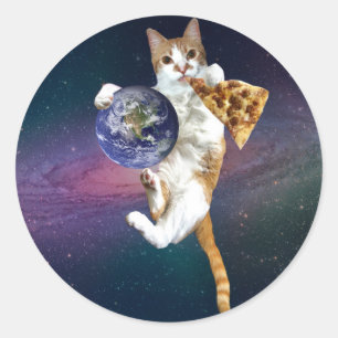 Sticker Rond Chat avec une planète et manger une pizza
