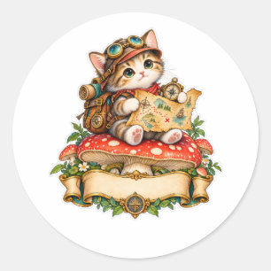 Sticker Rond Chat Aventurier Mignon – Explorateur Fantastique a