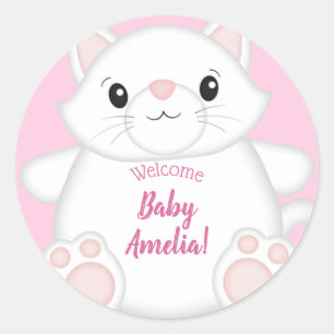 Sticker Rond Chat Baby shower Kitty Rose