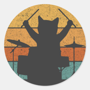 Sticker Rond Chat Batterie Tambours Batteur Chatons Jouant Musi
