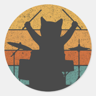 Sticker Rond Chat Batterie Tambours Batteur Chatons Jouant Musi