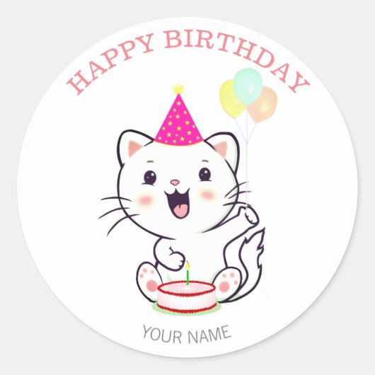 Sticker Rond Chat blanc avec ballons joyeux Anniversaire (Devant)