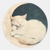 Sticker Rond Chat blanc couché sur Crescent Moon - Dreamnight (Devant)