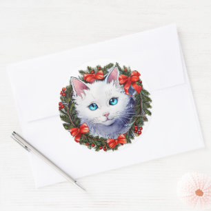 Sticker Rond Chat blanc dans la peinture aquarelle de la couron