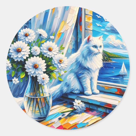 Sticker Rond Chat blanc dans le rebord de fenêtre Vue sur l'océ (Devant)
