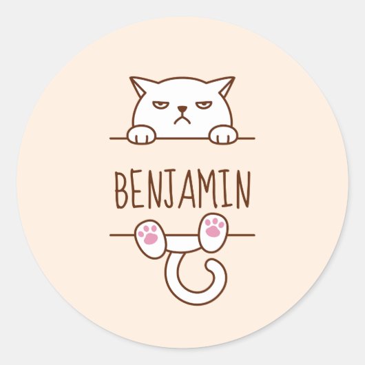 Sticker Rond Chat blanc en colère Beige Nom personnalisé (Devant)