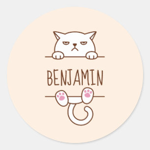 Sticker Rond Chat blanc en colère Beige Nom personnalisé