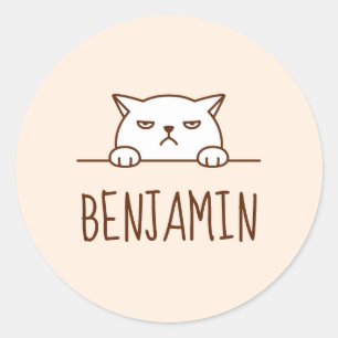 Sticker Rond Chat blanc en colère Beige Nom personnalisé