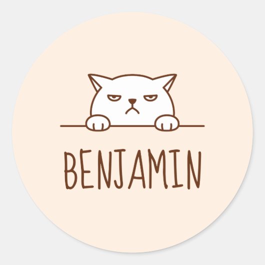 Sticker Rond Chat blanc en colère Beige Nom personnalisé (Devant)