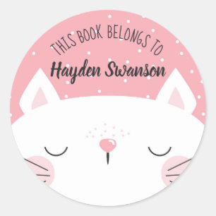 Sticker Rond Chat blanc et rose Ce Livre Appartient À