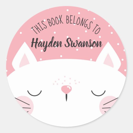Sticker Rond Chat blanc et rose | Ce Livre Appartient À (Devant)